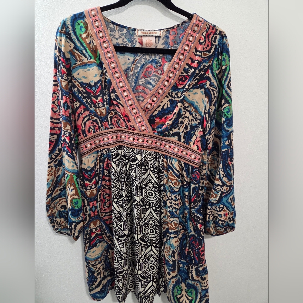 Flying Tomato Boho Multicolor V-Neck Mini Dress. Size L. EUC